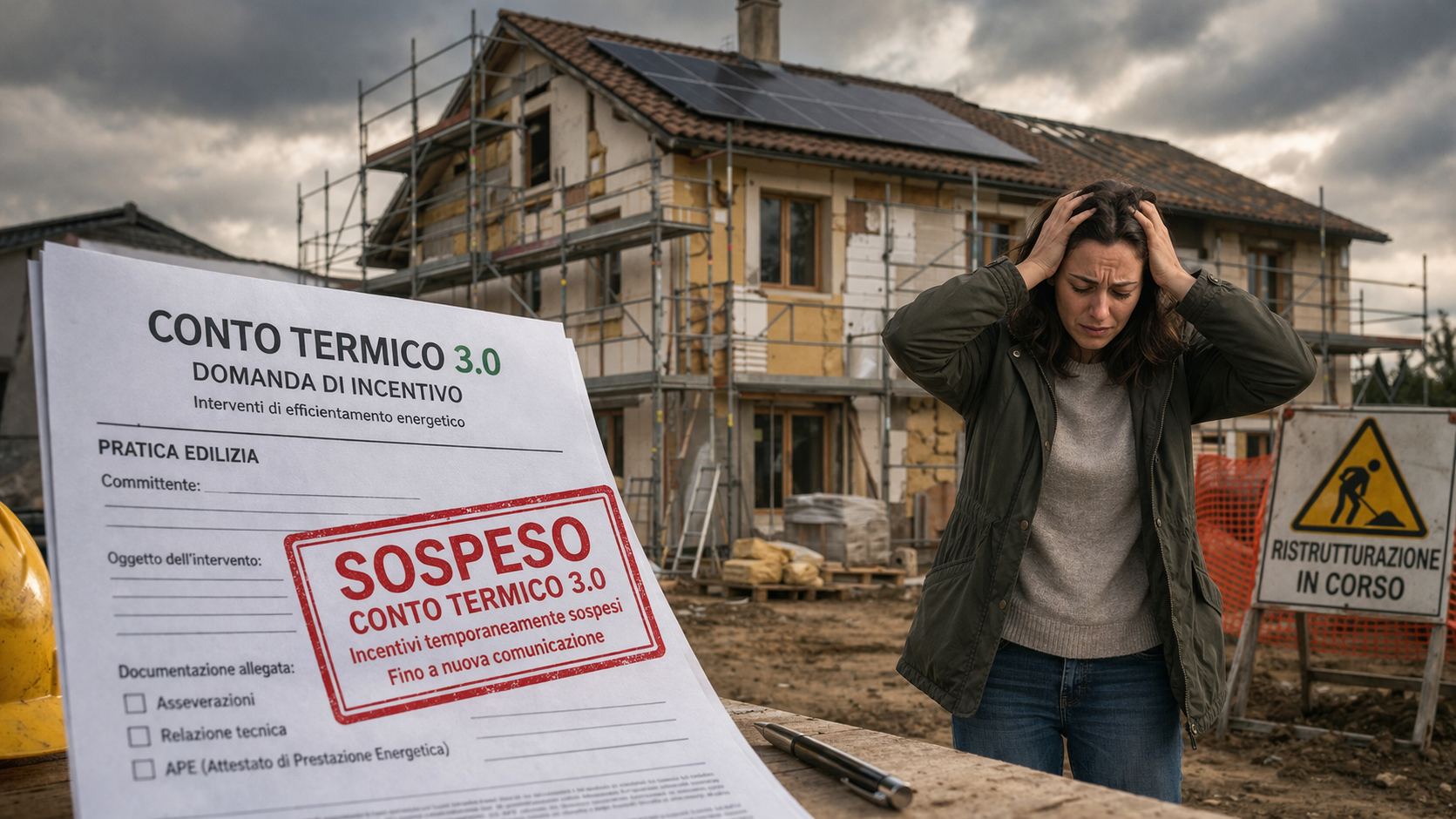 Conto termico 3.0, sospensione del portale per la richiesta di contrinuti, nell'immagine una casa in costruzione ferma per la pratica sospesa